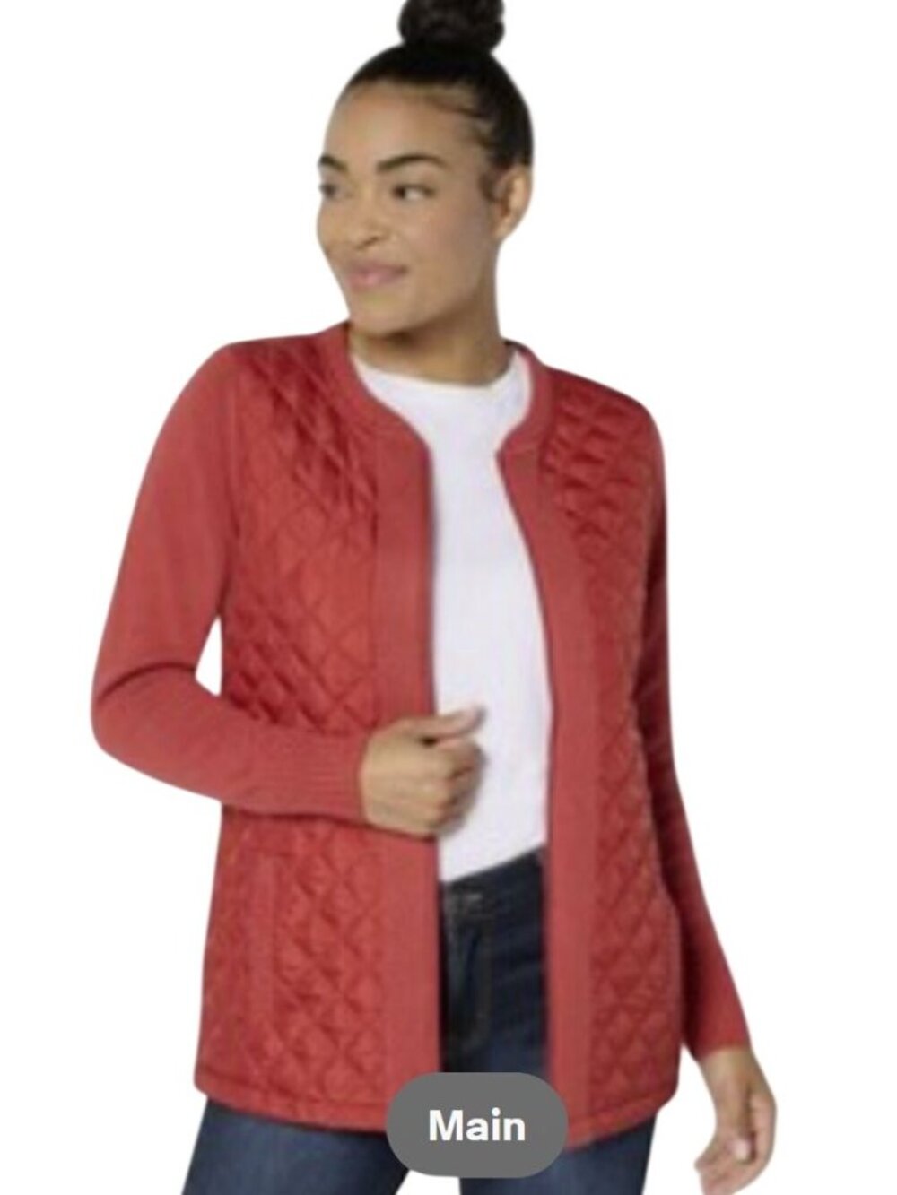 Denim & Co Size 1XL Quilted Red Open Front Sweater Jacket Pockets